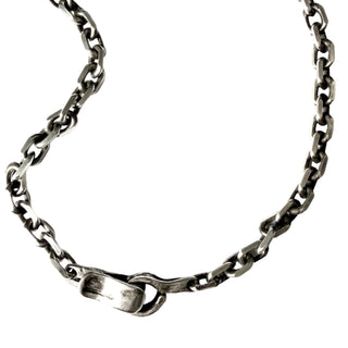 Karen Karch Sterling Silver Hooked Chain Necklace, clasp  close up on a white background.