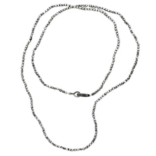 Karen Karch 32" Beaded Silver Necklace with Diamond-studded Handmade clasp on a white background. 