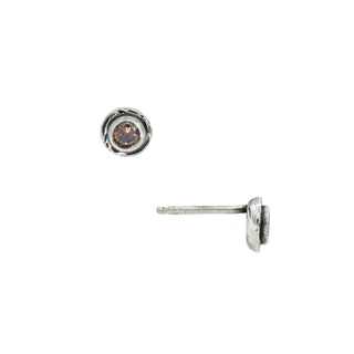 Karen Karch Silver Inner Circle bezel-set Natural Brown Diamonds Studs front and side view, on white background.