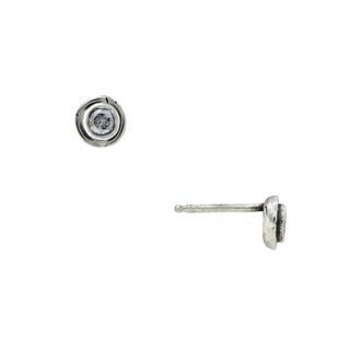 Front and side view of a pair of Karen Karch textured silver Inner Circle salt & pepper grey diamond stud earrings with post backs, shown on a plain white background.