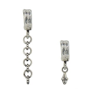 Pair of Karen Karch Jaipir Mainstay Silver mismatched hoop earrings, one with a chain and drop and the other with a drop on a white background.