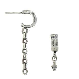 Side and front view of a pair of Karen Karch Jaipir Mainstay Silver mismatched hoop earrings, one with a chain and drop and the other with a drop on a white background