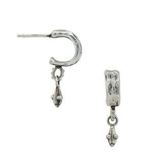 Pair of Karen Karch silver Mainstay hoop earrings with dangling charms on a white background