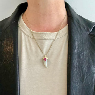 Karen Karch Draped Lucky Horn Amulet 18k Yellow Gold Ruby Moonstone Amulet on Chain on person