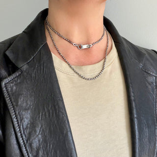 Karen Karch Jaipur Hooked Lithe Round Silver Bead 32" Necklace Shown Doubled with casp centered on neck.