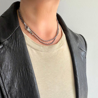 Karen Karch Jaipur Hooked Lithe Round Silver Bead 32" Necklace Shown Doubled with clasp to the side on neck.