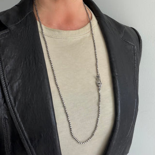Karen Karch Jaipur Hooked Lithe Round Silver Bead 32" Necklace Shown Long on Neck.