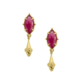 Karen Karch pair of gold earrings featuring marquise-shaped ruby gemstones with ball-detailed gold drops.