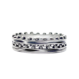 Karen Karch Jaipur Swing and Sway 2-Ring Set. Textured silver with balls on one side of band stacks with another band with balls on both sides stacked.