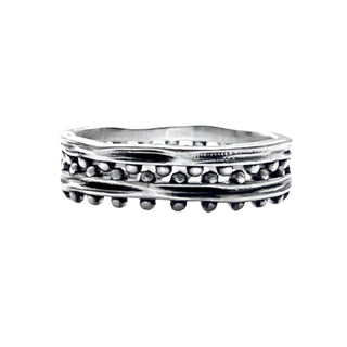 Karen Karch Jaipur Swing and Sway 2-Ring Set. Textured silver with balls on one side of band stacks with another band with balls on both sides stacked 