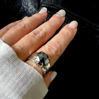 Karen Karch Kind of Rings Mixed Metal with a large rose cut black round black diamond in an 18ky setting on a wide silver bandon hand