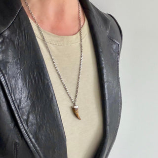 Karen Karch Silver Tigers Eye Horn  Amulet on a person