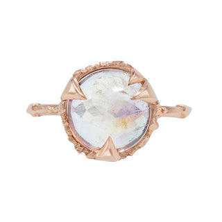 Karen Karch by Deme Wolfe 10k Rose Gold Mystical Solitaire 9mm Rainbow Moonstone Riing on White background. 