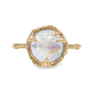 Karen Karch by Deme Wolfe 10k Yellow Gold Mystical Solitaire 9mm Rainbow Moonstone Riing on White background. 