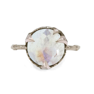 Karen Karch by Deme Wolfe Mystical Solitaire Silver with a Rose Cut 9mm Rainbow Moonstone on white background. 