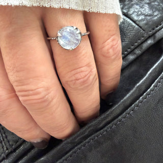 Karen Karch by Deme Wolfe Mystical Solitaire Silver with a Rose Cut 9mm Rainbow Moonstone on Hand.