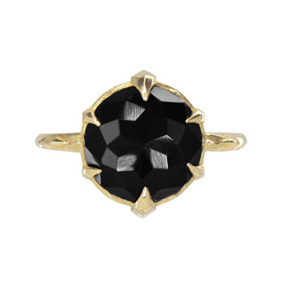 Karen Karch by Deme Wolfe Large Rose Cut Black Onyx Gemstone 10k Yellow Gold Mystical Crown Solitaire Ring on White Background. 