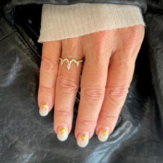 Karen Karch by Deme olfe Mystical Marquise Crown 14ky Lab Diamond Ring with 3 marquise at top of crown shape on hand facing down.