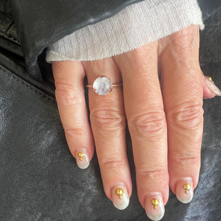 Karen Karch by Deme Wolfe 10k Rose Gold Mystical Solitaire 9mm Rainbow Moonstone Ring on Hand. 