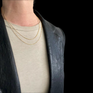 Karen Karch by Deme Wolfe Gold Filled Mystical Sparkle chains in 2 lengths close up on a person