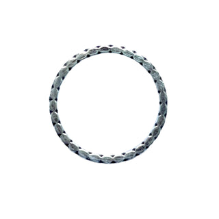 Karen Karch Outshine 2.1 mm wide silver ring with repeating square pattern, top view. 