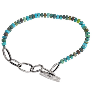 Karen Karch Silver Weathered Toggle Oval  Link Adjustable length Turquoise heshi bead bracelet on white 