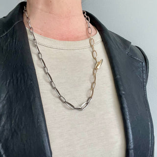 A Karen Karch Silver and Gold Textured Toggle Chain Necklace shown on a person