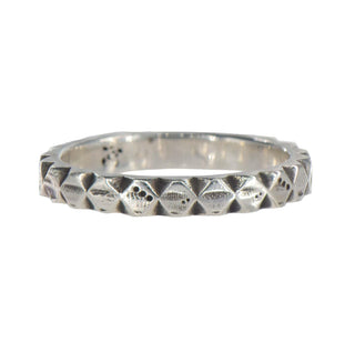 Karen Karch Outshine Weathered 3mm silver band with a textured, angular repeating pattern design on white background.