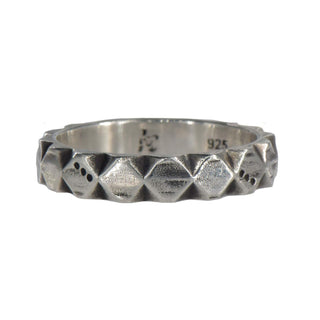 Karen Karch Outshine Weathered 4mm silver band with a textured, angular repeating pattern design on white background.