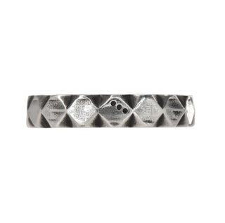 Karen Karch Outshine Weathered 4mm silver band with a textured, angular repeating pattern design, direct view, on white background.