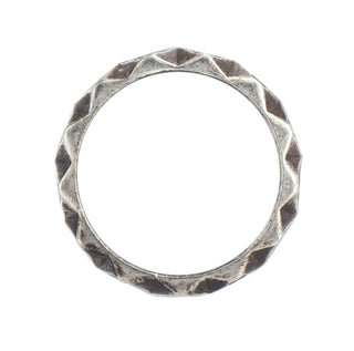 Karen Karch Outshine Weathered silver 5mm band with a textured, angular repeating pattern design, top view, on white background.