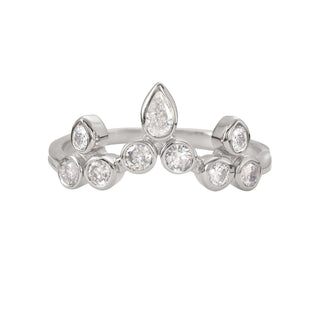 Karen Karch Platinum Bezel-set Diamond Curved Belgian Tiara Ring with 8 round diamonds configured in the shape of a tiata with a pear shape diamond set in the top center on a white background. 