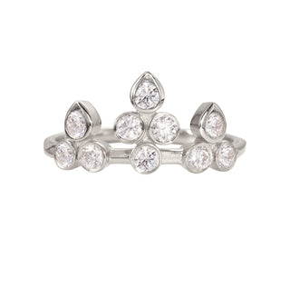 Karen Karch Platinum Bezel-set Diamond Belgian Tiara Ring with 8 round diamonds configured in the shape of a tiara with 3 pear shape settings at  the top row on a white background. 