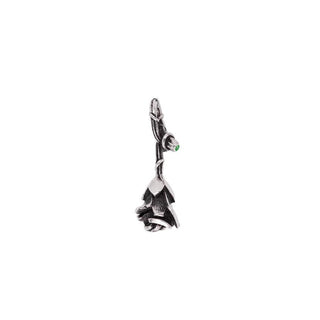 Karen Karch Reminiscent Rose Silver rosebud charm with a twining vine that forms a loop ending in an emerald side view