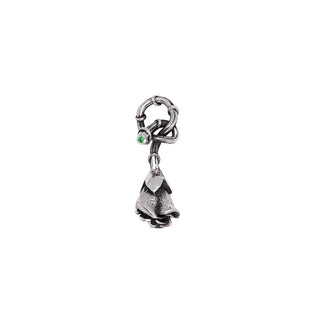 Karen Karch Reminiscent Rose Silver rosebud charm with a twining vine that forms a loop ending in an emerald 