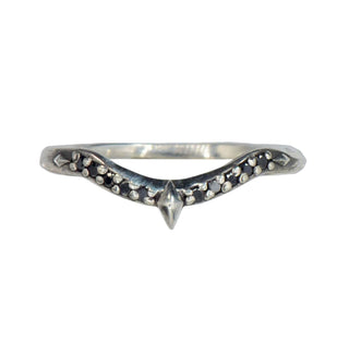 Karen Karch by Deme Wolfe Royal Dune Curved Silver ring with small black dimaonds on the front with a silver diamond shape in the center on a white background