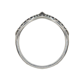 Karen Karch Royal Dune Curved Silver ring with small black dimaonds on the front with a silver diamond shape in the center, top view, on a white background