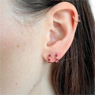 STUDDED THREE STONE VINE HOOPS, XS RUBY GOLD