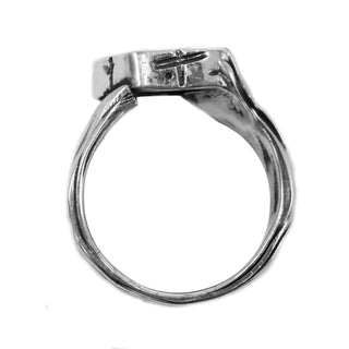Karen Karch sterling silver Signet Wrap ring studded with black diamonds, 9.5 mm wide top view on white background, 