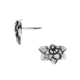 Karen Karch by Deme Wolfe pair of silver flower-shaped earrings on a white background, front & side view.