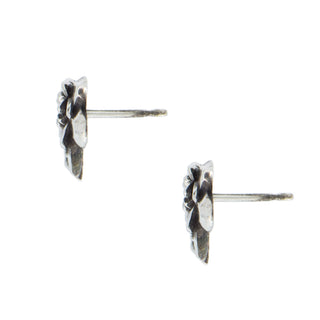 Karen Karch by Deme Wolfe pair of silver flower-shaped earrings on a white background, side view.