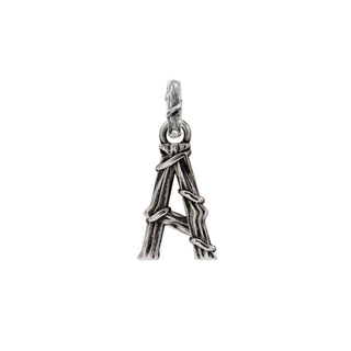 Karen Karch textured silver charm in the shape of the letter 'A' with a vine-detail and rectangular bail on white background.