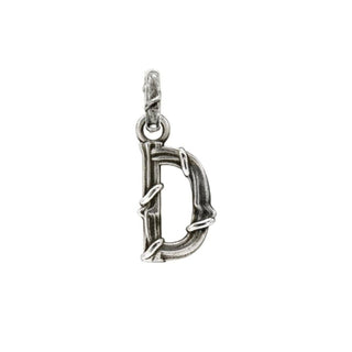 Karen Karch textured silver charm in the shape of the letter 'D' with a vine-detail and rectangular bail on white background.
