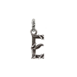 Karen Karch textured silver charm in the shape of the letter 'E' with a vine-detail and rectangular bail on white background.