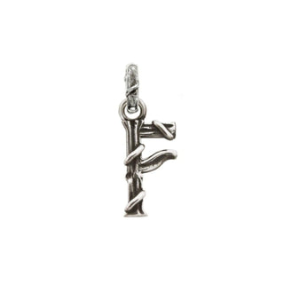 Karen Karch textured silver charm in the shape of the letter 'F' with a vine-detail and rectangular bail on white background.