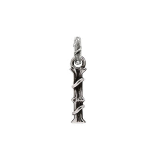 Karen Karch textured silver charm in the shape of the letter 'I' with a vine-detail and rectangular bail on white background.