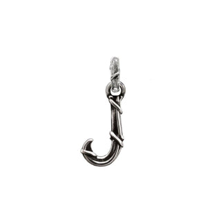 Karen Karch textured silver charm in the shape of the letter 'J' with a vine-detail and rectangular bail on white background.