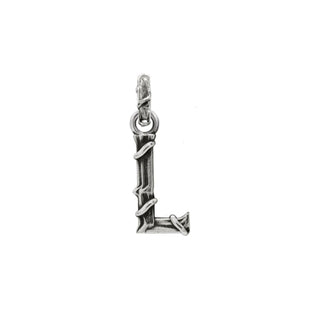 Karen Karch textured silver charm in the shape of the letter 'L' with a vine-detail and rectangular bail on white background.