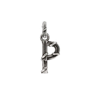 Karen Karch textured silver charm in the shape of the letter 'P' with a vine-detail and rectangular bail on white background.
