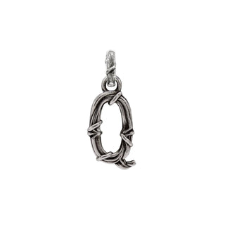 Karen Karch textured silver charm in the shape of the letter 'Q' with a vine-detail and rectangular bail on white background.